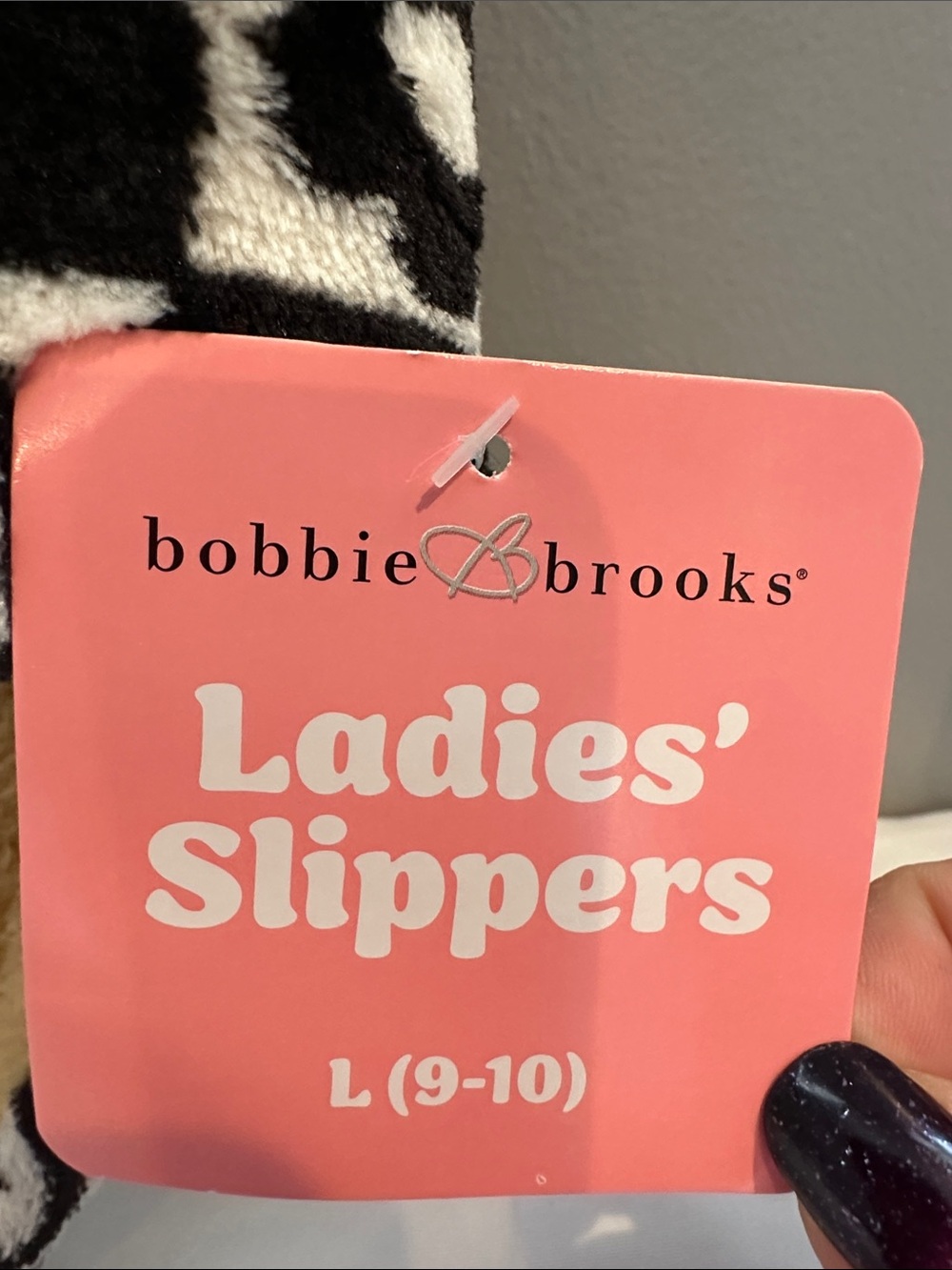 Bobbie Brooks Plush Slippers Black White Checkered Smiley Flower Size L 9-10 New - Picture 5 of 6